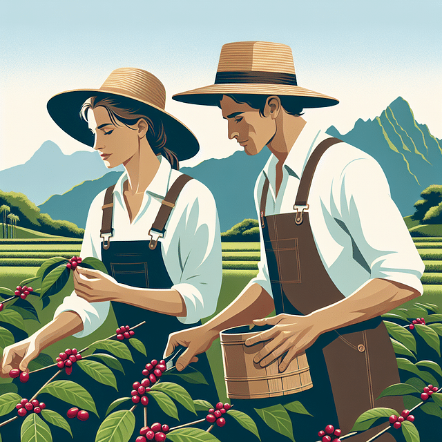 Farmers handpicking ripe coffee cherries in Kauai