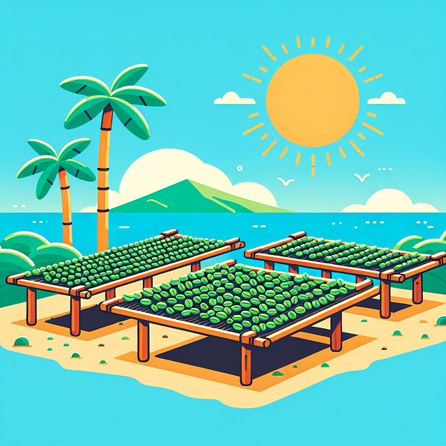 Green coffee beans drying on beds under the Hawaiian sun