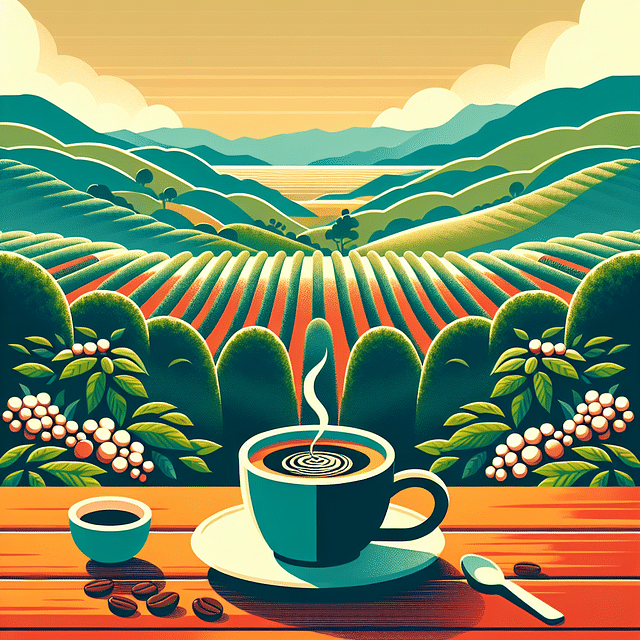 A fresh cup of Kauai coffee with the coffee fields in the background