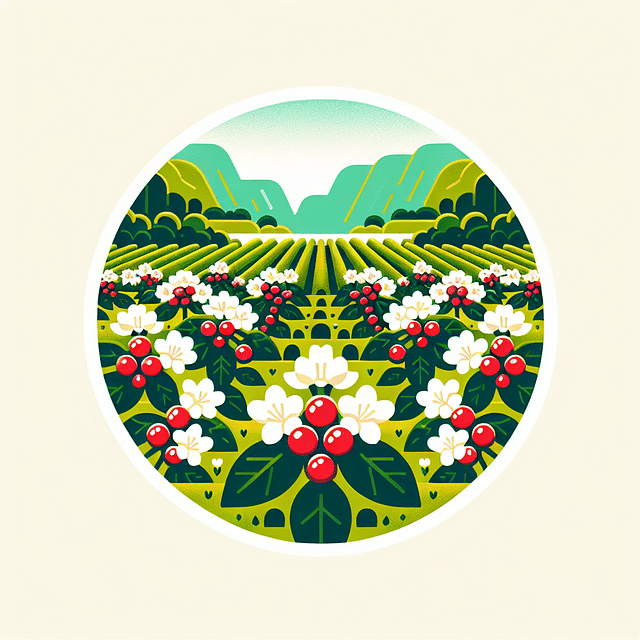 Coffee plants in a lush field in Kauai with red coffee cherries and white blossoms