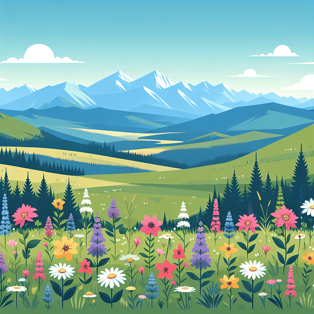 subalpine meadow with wildflowers and panoramic view
