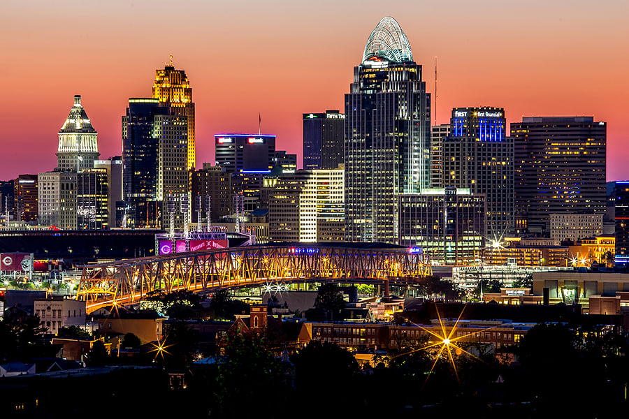 Panoramic view of Cincinnati skyline bathed in the warm glow of a sunset