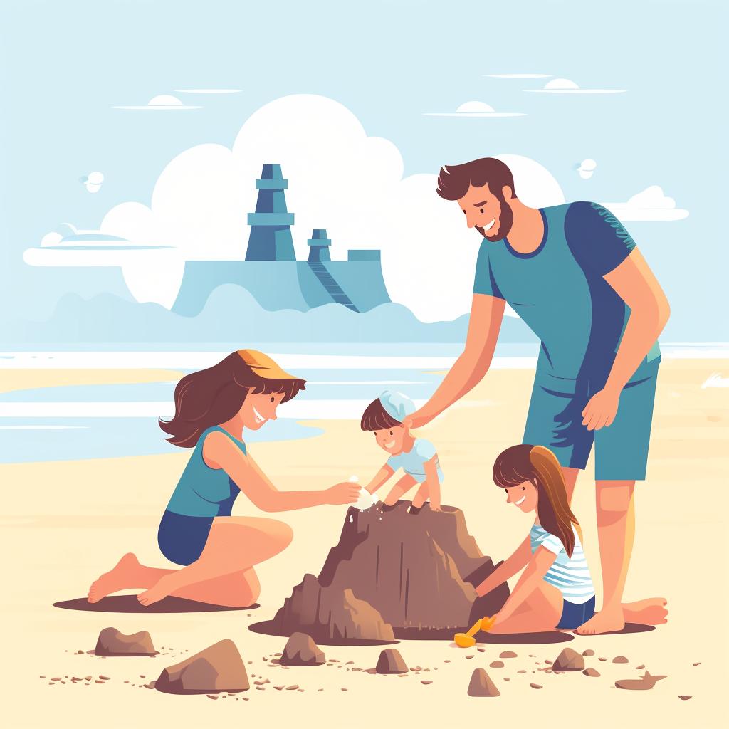 Family building sandcastles at The Seawall